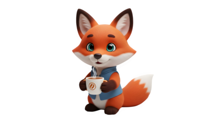 Cute cartoon 3d fox character wearing a blue vest, holding a white coffee mug with a small logo, isolated on transparent background