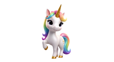 Cute cartoon baby unicorn with rainbow mane and tail, standing, 3d render isolated on transparent background