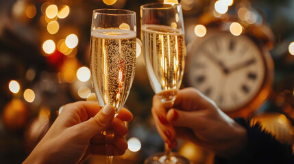 Two hands toasting with champagne flutes against a background of holiday lights and a clock nearing midnight. New Year's Eve