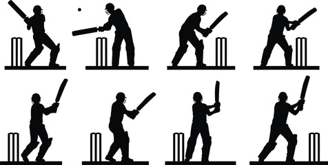 Silhouette of a cricket player in various batting poses isolated on transparent background