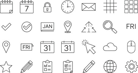 Minimal line icons collection featuring calendars, checkmarks, location pins, clocks, emails, tools, and interface symbols for modern designs