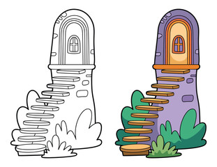 Fantasy Tower with Spiral Wooden Stairs &ndash; Colorful Cartoon Building and Outline Vector
