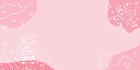 Hand drawn background coquette aesthetics elements. Vintage cute symbols with ribbon and bow in simple crayon style. Trendy art for Valentine's day background.