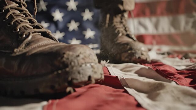 Dirty worn leather combat boots placed on a patriotic flag with a white background