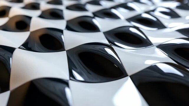 A close-up abstract view of a glossy black and white checker pattern with wavy surfaces and reflective highlights, a modern optical illusion effect that merges art, geometry, and futuristic design.