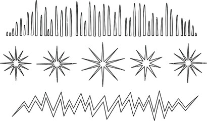 Silhouette graphics isolated on transparent background featuring various signal and starburst designs