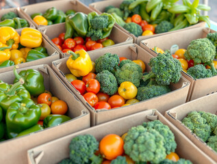 Fresh colorful vegetables in cardboard boxes including bell peppers broccoli and tomatoes