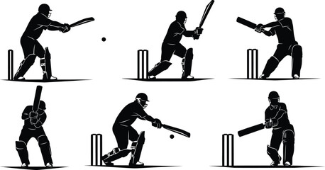 Silhouette of cricket player in various batting positions isolated on transparent background