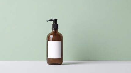 A brown glass bottle with a black pump dispenser placed on a light grey tabletop against a pale green wall.