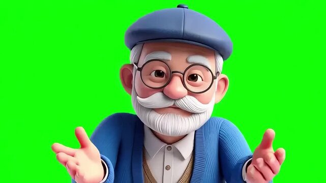 Friendly 3D animated grandpa character wearing a blue sweater and flat cap talking, explaining, and welcoming viewers with expressive hand gestures on chroma key Isolated on green screen background.