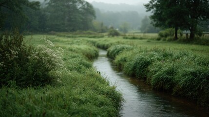 Small stream running through a lush green field. the stream is surrounded by tall grass and shrubs on both sides, and there are trees on the left and right sides of the stream.