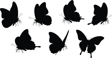 Silhouette of six black butterflies isolated on transparent background