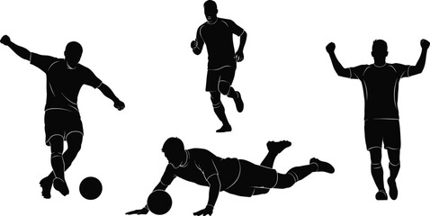 Four silhouette men playing rugby isolated on transparent background