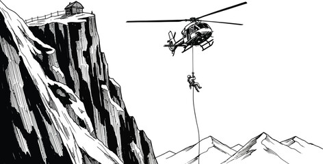 Silhouette of a helicopter rescuing a person isolated on transparent background