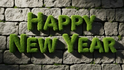 Happy new year message spelled with vibrant green moss on a stone wall background