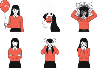 Stressed and anxious woman illustrations showing frustration, worry, overwhelm, mental pressure, and emotional struggle for psychology designs