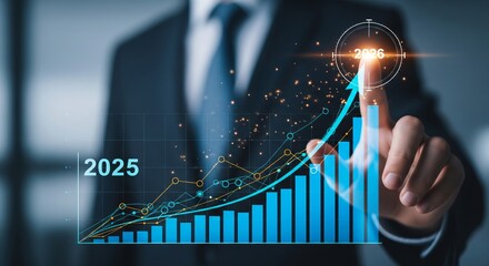 Hand Touching Glowing 2026 Point with Holographic Blue Bar Chart and Upward Arrow &mdash; Business Growth