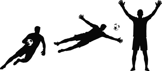 Silhouettes of a football keeper driving, jumping, vector illustration