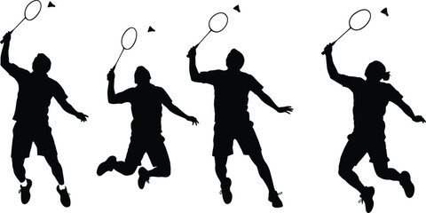 Silhouettes of people playing badminton racket sports, and dancing vector illustration