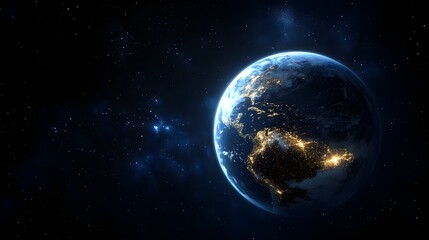 Obraz premium Earth at night glowing with city lights in deep space