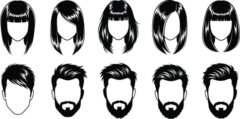 Black and white hair style  vector illustration of expressive cartoon faces