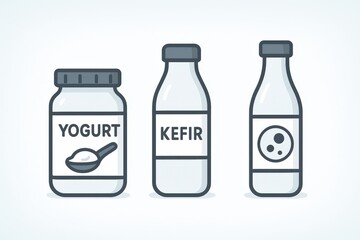 Assorted Fermented Dairy Products Yogurt Kefir Probiotic Beverages Showcasing Nutritional Diversity and Health Benefits in Minimalist Presentation
