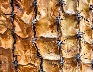 Close-up of a textured, aged cactus skin with sharp, black spines