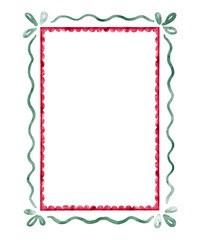Hand drawn scalloped red frame with green waves.Watercola illustration isolated on white background.