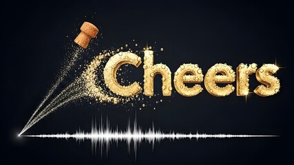 Golden cheers lettering with champagne spray and sound wave illustration for celebration