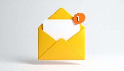 Stylized yellow envelope icon with red notification badge and white card on clean background.