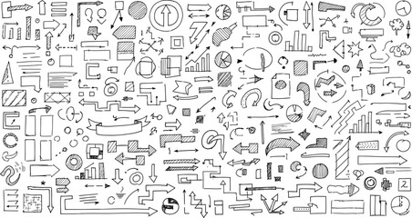 Hand-drawn doodle icon and alphabet set illustrated in a simple sketch style