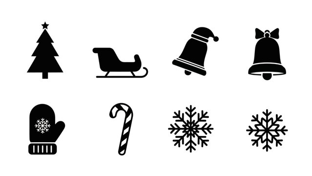 Christmas winter elements with fir tree sleigh bell mitten candy cane and snowflake