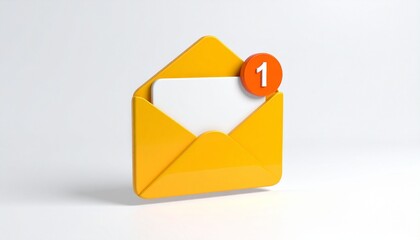 Stylized yellow envelope icon with red notification badge and white card on clean background.