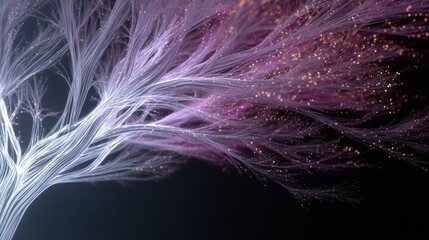 Abstract tree, featuring a network of glowing strands in shades of white and lavender, against a dark background, embellished with golden particles.
