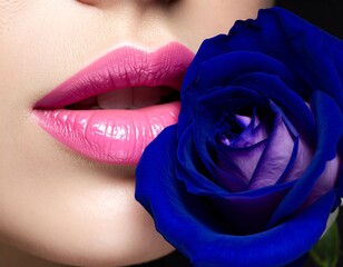 Close-up of a face with vibrant pink lips next to a deep blue rose
