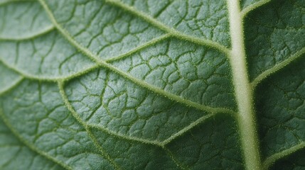 Obraz premium Close-up of a green leaf. the leaf appears to be fresh and healthy, with a glossy texture. the veins of the leaf are visible, and they are arranged in a radial pattern.
