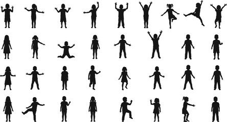 Children silhouette vector set featuring playful kids, jumping poses, standing figures, active child shapes, and dancing outlines for design use