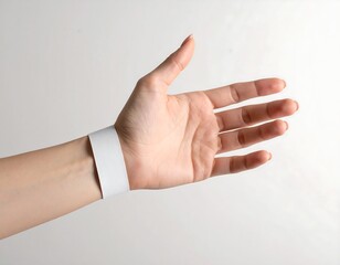 Close-up of a fair-skinned hand wearing a blank white wristband, open palm forward