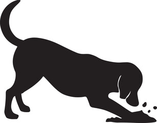 A silhouette of a dog sniffing and foraging on the ground