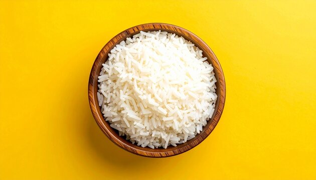 Wooden bowl of fluffy white rice on vibrant yellow background. - Powered by Adobe