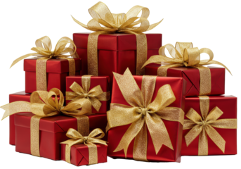 a dynamic cluster of 8 hyper-detailed luxury gifts wrapped in deep ruby red metallic paper with intricate gold silk and glitter bows, isolated on a transparent studio backdrop, concept of opulent