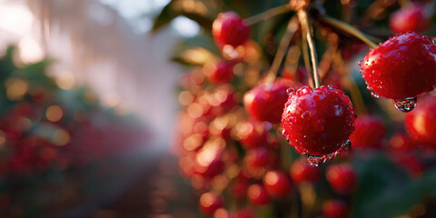 Ripe red cherries with water droplets in orchard