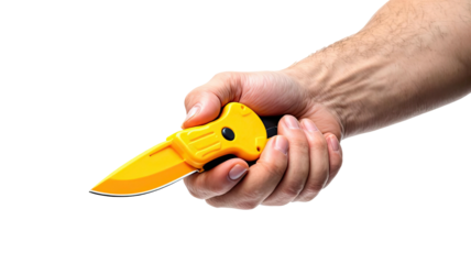 Hand holds a bright yellow folding knife against a black backdrop