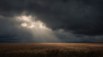 Landscape photograph of a field of tall, golden wheat stalks. the sky is filled with dark, ominous clouds that are covering most of the sky.