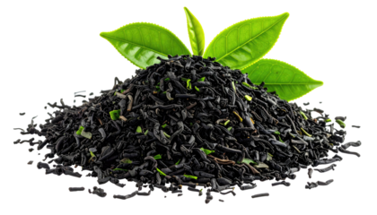 Pile of dried tea leaves with fresh green leaves