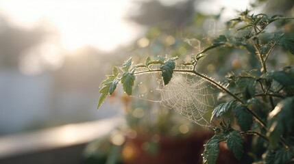 Close-up of a spider web hanging from a branch of a plant. the web is intricately woven and appears to be made of thin strands.