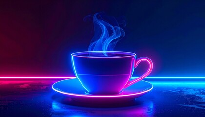 Neon cup of steaming drink glowing in darkness.