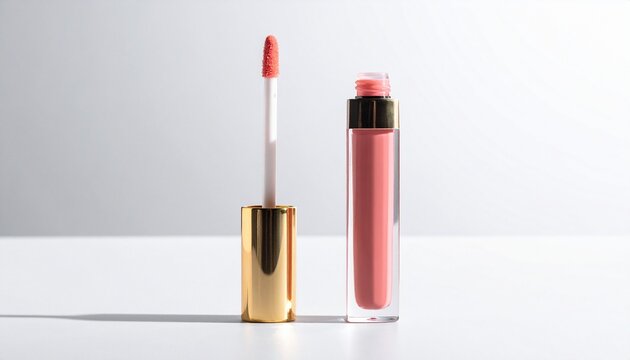 Elegant pink lip gloss with gold applicator on minimal white backdrop. - Powered by Adobe
