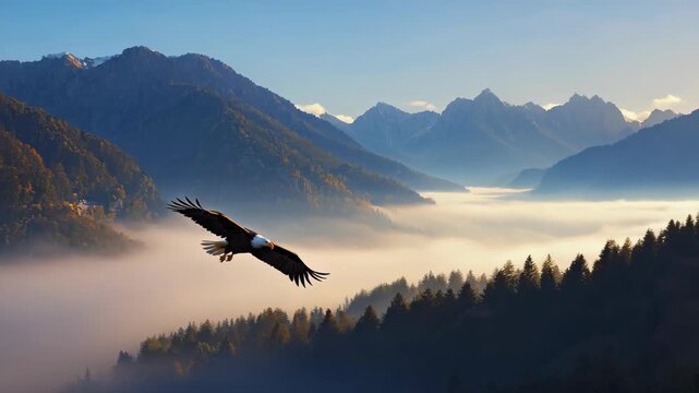 A majestic bald eagle bird soars gracefully over misty mountains and a forest landscape at sunrise, symbolizing freedom, strength, power, and the timeless beauty of untouched wilderness in nature.
