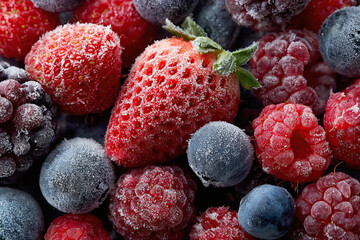 Frozen mixed berries with frost covering them
